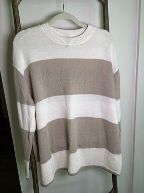 Divided Cream and Taupe Wide-Stripe Crewneck Sweater